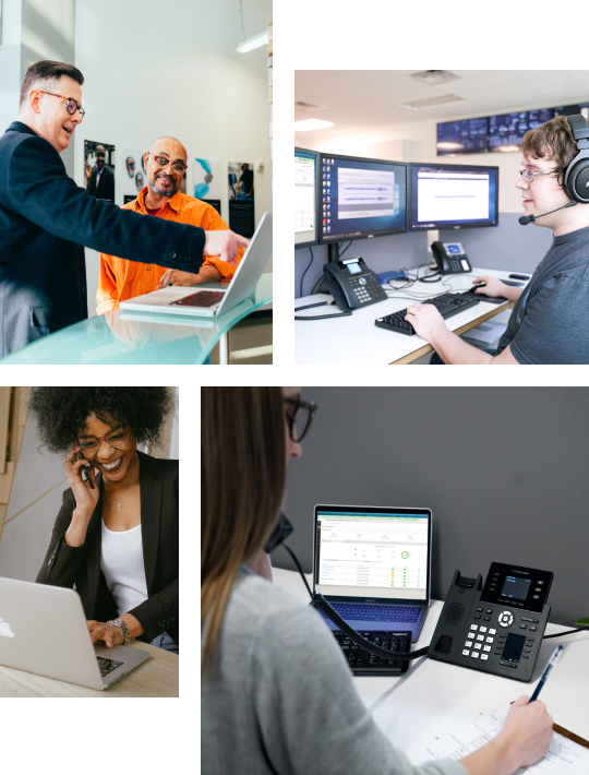 4 images depecting different work situations and use cases for using the Cytracom's phone system. Desktop, Cell Phone, D2 Desk Phone or Bluetooth Headset