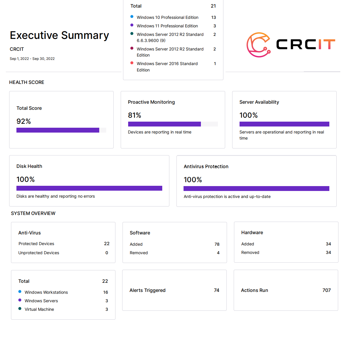 A screenshot of an example Executive Report and the information you will see on it